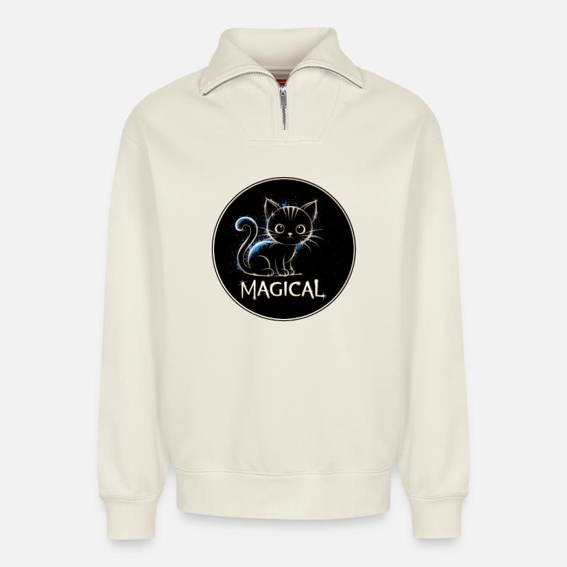 Magic Cat - Relaxed Unisex Organic Half Zip Sweatshirt – by SPREAD - off white