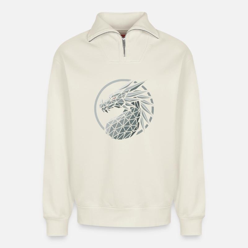 Blaue Polygone Drachenkopf - Relaxed Unisex Organic Half Zip Sweatshirt – von SPREAD - Naturweiß