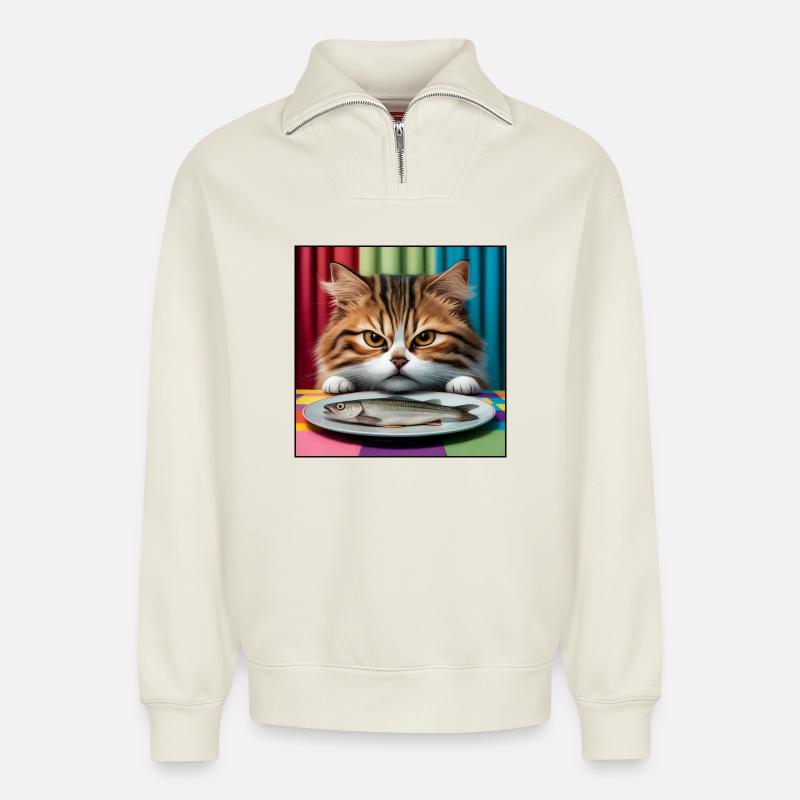 Katze mit Fisch - Relaxed Unisex Organic Half Zip Sweatshirt – von SPREAD - Naturweiß