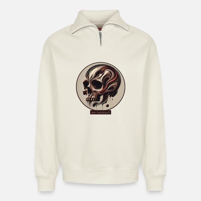 Crâne d’Ars moriendi - Sweat unisexe décontracté en coton biologique à demi-zip – de SPREAD - blanc cassé