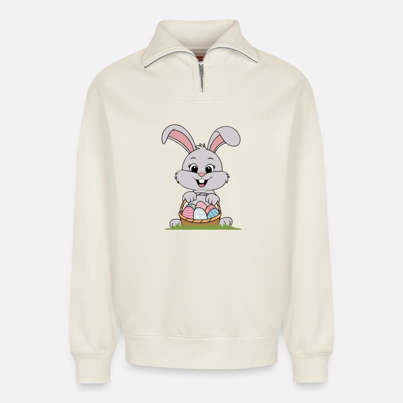 Lapin de Pâques - Sweat unisexe décontracté en coton biologique à demi-zip – de SPREAD - blanc cassé