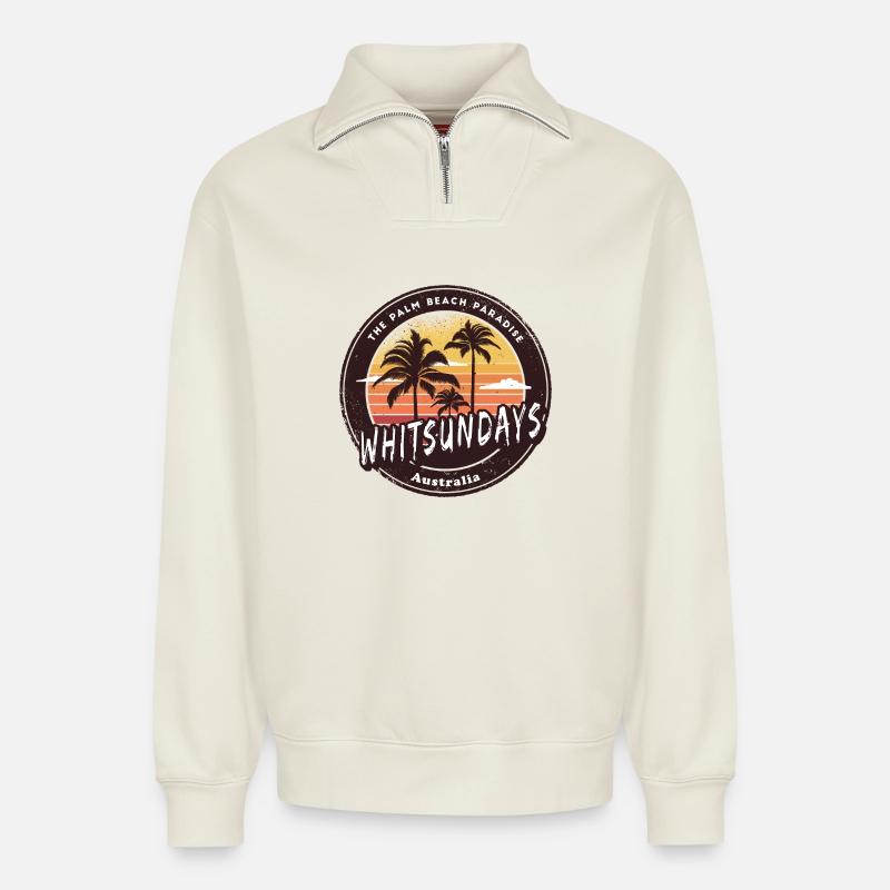 Whitsundays Australien Palmen Design - Relaxed Unisex Organic Half Zip Sweatshirt – von SPREAD - Naturweiß