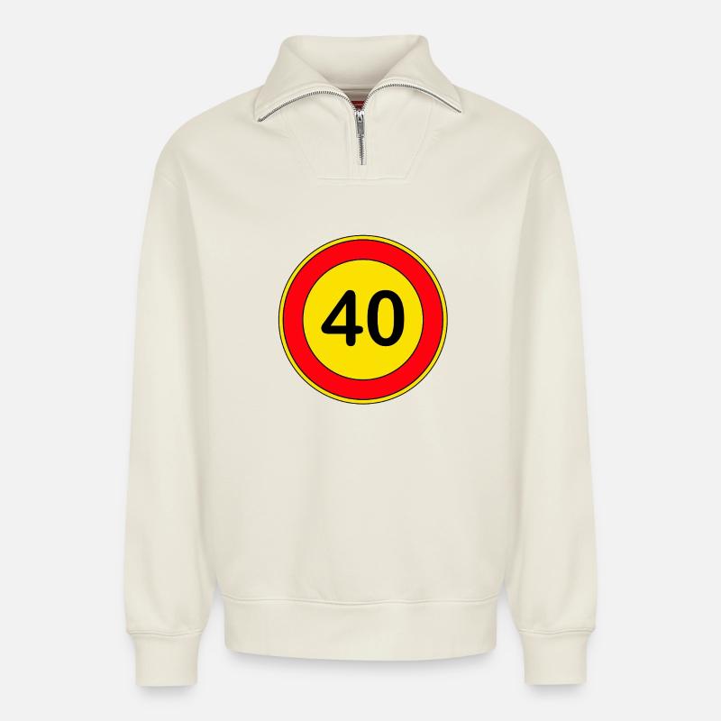 40e anniversaire, 40 ans, panneau de signalisation jaune - Sweat unisexe décontracté en coton biologique à demi-zip – de SPREAD - blanc cassé