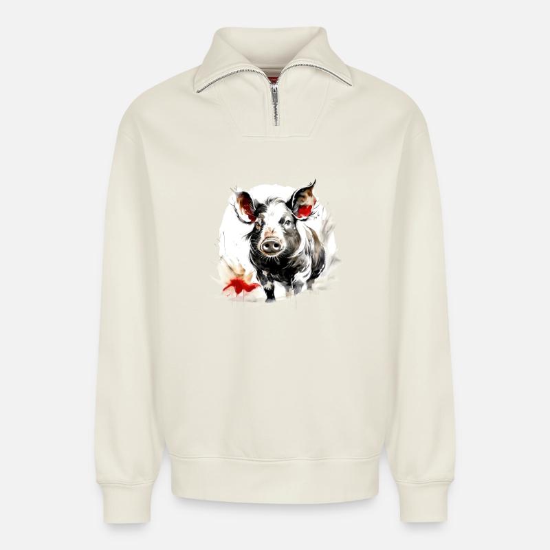 Zodiaque Chinois Cochon - Sweat unisexe décontracté en coton biologique à demi-zip – de SPREAD - blanc cassé