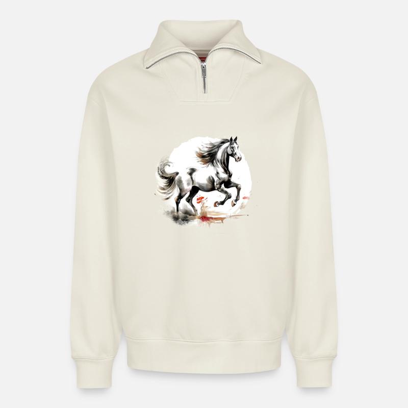 Chinesisches Sternzeichen Pferd - Relaxed Unisex Organic Half Zip Sweatshirt – von SPREAD - Naturweiß