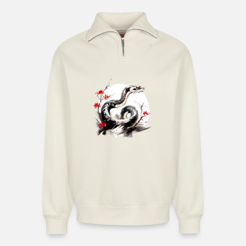 Chinesisches Sternzeichen Schlange - Relaxed Unisex Organic Half Zip Sweatshirt – von SPREAD - Naturweiß