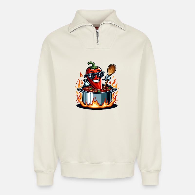 Kochen mit Feuer - Relaxed Unisex Organic Half Zip Sweatshirt – von SPREAD - Naturweiß