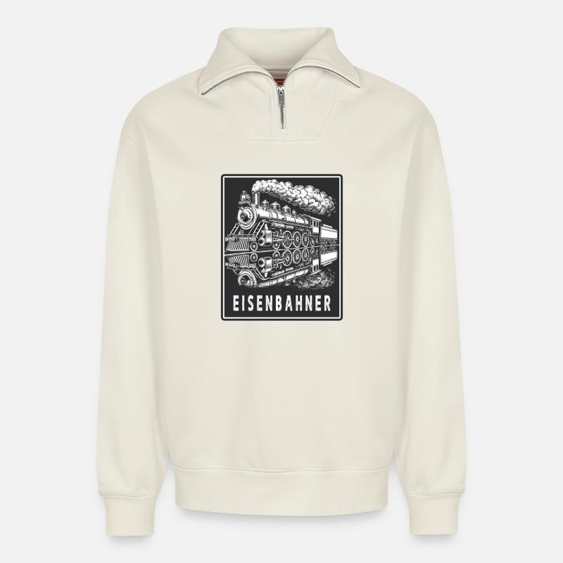 Dampflok Eisenbahner Retro - Relaxed Unisex Organic Half Zip Sweatshirt – von SPREAD - Naturweiß