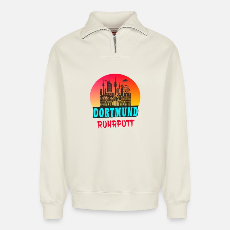 Dortmund Ruhrpott Skyline - Relaxed Unisex Organic Half Zip Sweatshirt – von SPREAD - Naturweiß