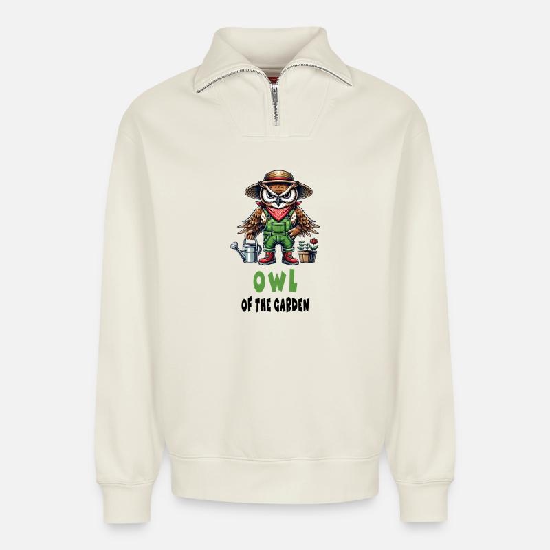 Hibou du jardin conception - Sweat unisexe décontracté en coton biologique à demi-zip – de SPREAD - blanc cassé