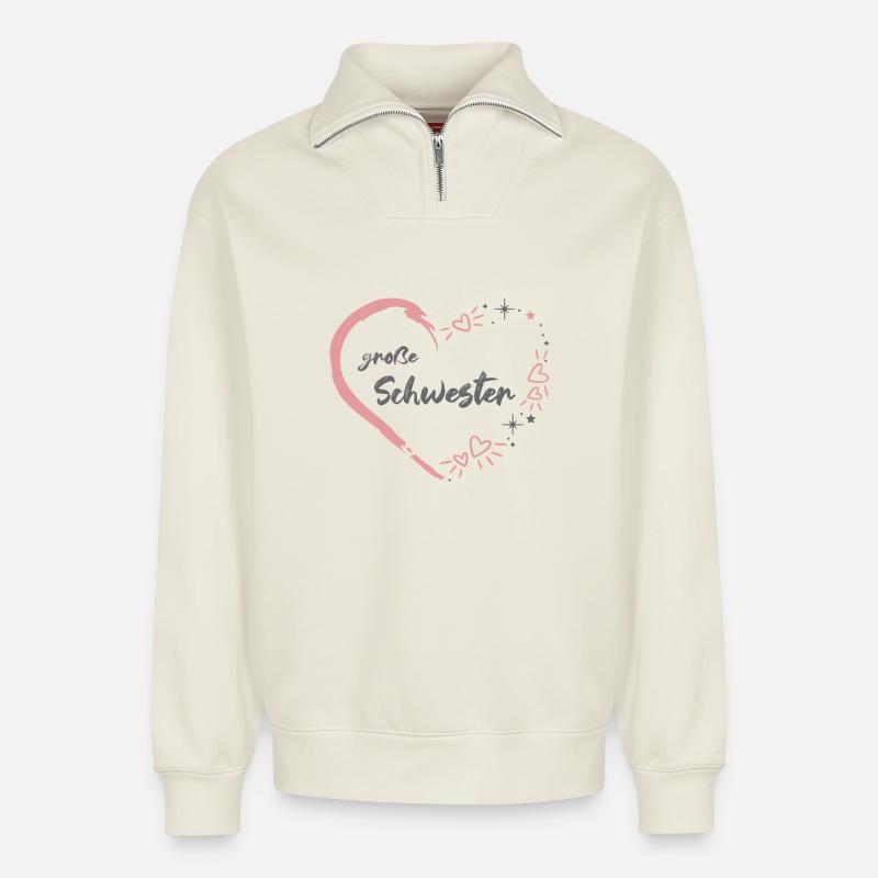 große Schwester rosa grau Herz - Relaxed Unisex Organic Half Zip Sweatshirt – von SPREAD - Naturweiß