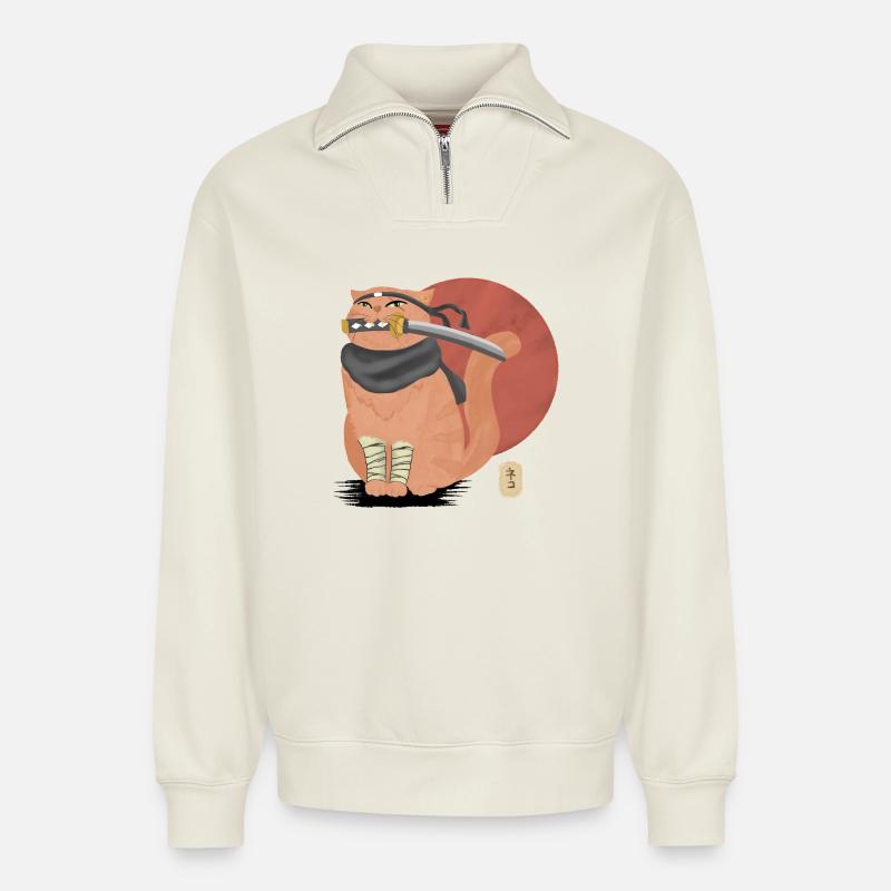 Samurai Cat with Katana - Relaxed Unisex Organic Half Zip Sweatshirt – by SPREAD - off white
