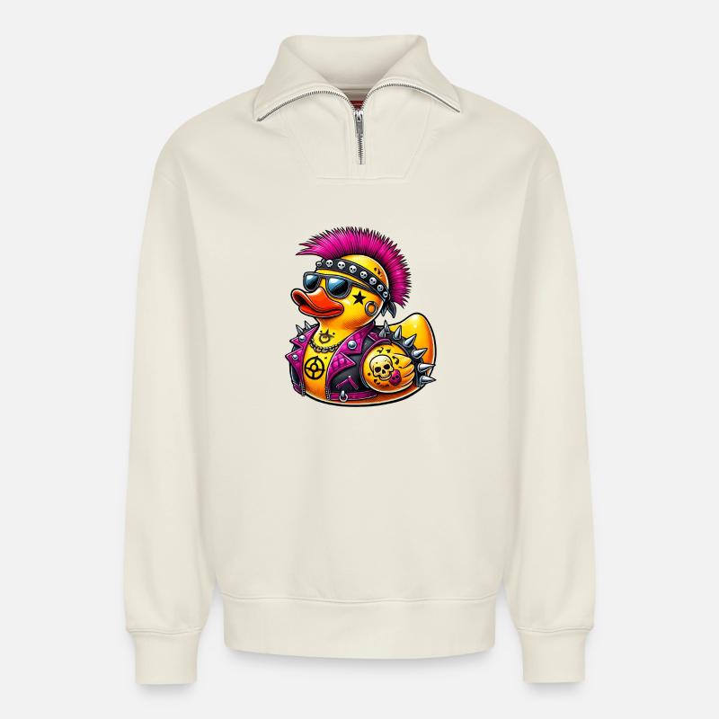 Punk Gummiente - Relaxed Unisex Organic Half Zip Sweatshirt – von SPREAD - Naturweiß
