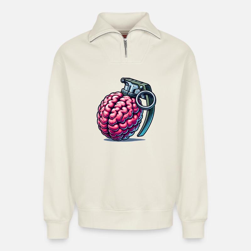Brain Grenade – Explosive Thoughts - Relaxed Unisex Organic Half Zip Sweatshirt – by SPREAD - off white