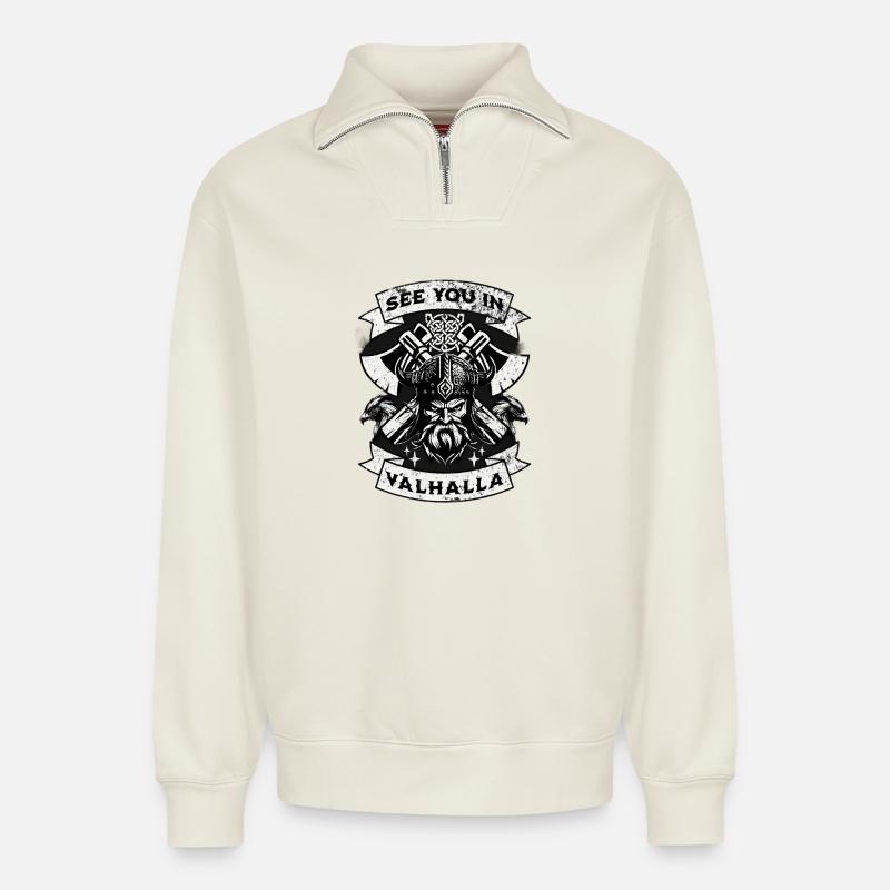 Valhalla-Warrior-Vision - Relaxed Unisex Organic Half Zip Sweatshirt – von SPREAD - Naturweiß