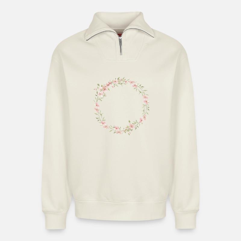 Spring Wreath - Personalizable - Relaxed Unisex Organic Half Zip Sweatshirt – by SPREAD - off white