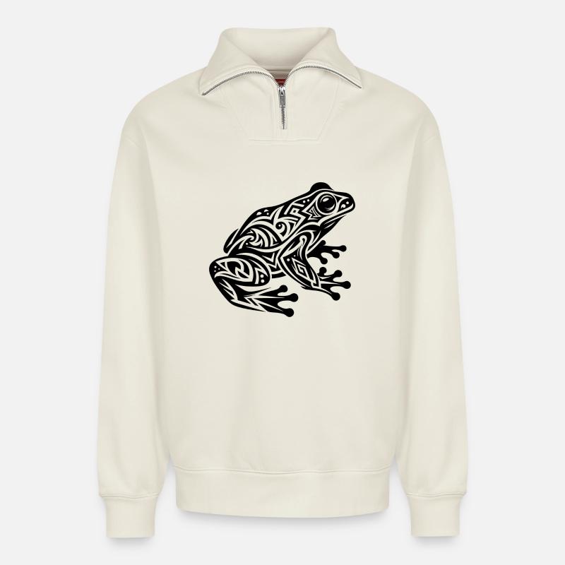 frog tattoo - Relaxed Unisex Organic Half Zip Sweatshirt – by SPREAD - off white