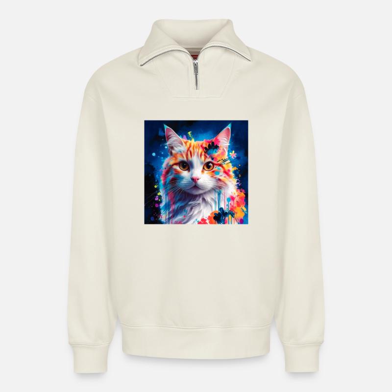 Chat astucieux - Sweat unisexe décontracté en coton biologique à demi-zip – de SPREAD - blanc cassé