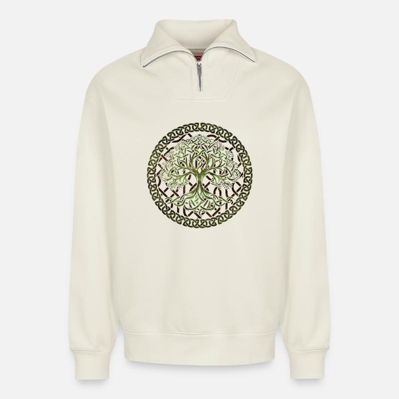 Yggdrasil Baum des Lebens - Relaxed Unisex Organic Half Zip Sweatshirt – von SPREAD - Naturweiß