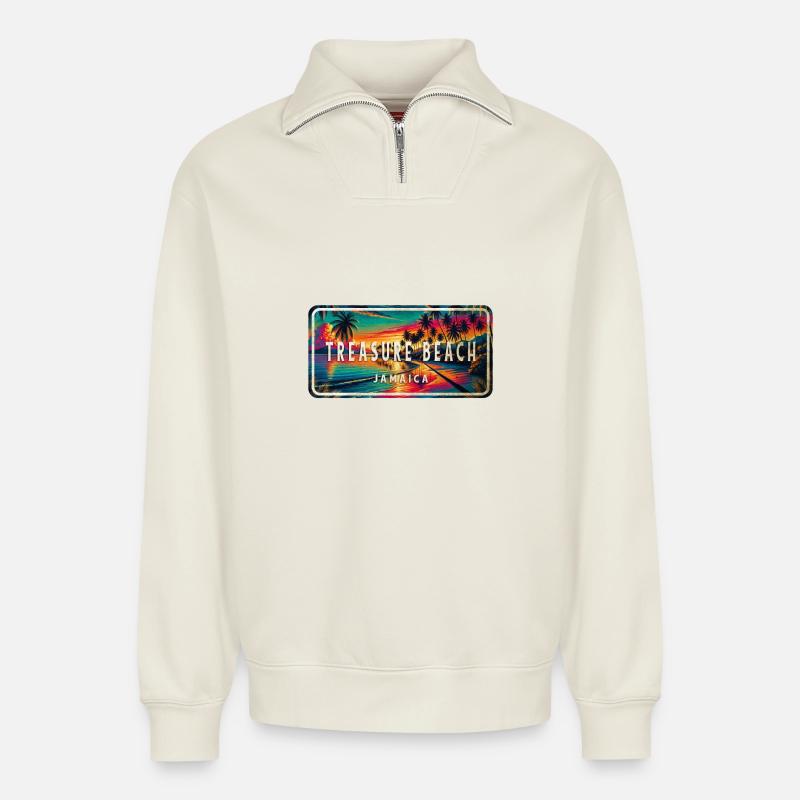Treasure Beach Jamaica Schild - Relaxed Unisex Organic Half Zip Sweatshirt – von SPREAD - Naturweiß