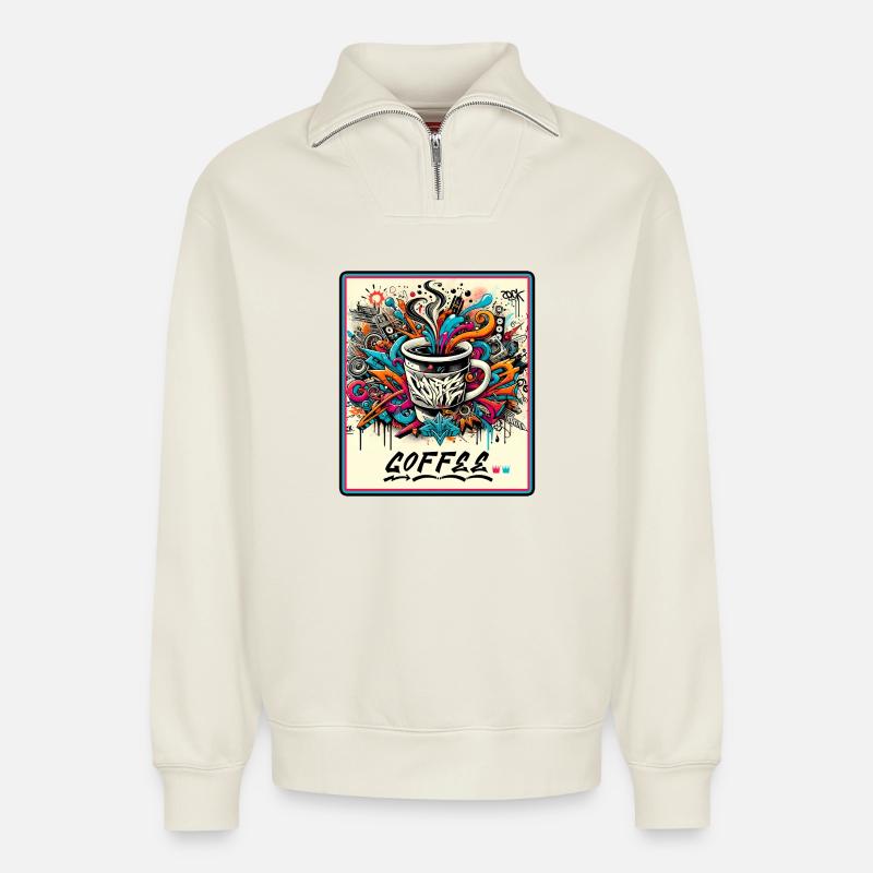 Coffee Graffiti Explosion - Relaxed Unisex Organic Half Zip Sweatshirt – by SPREAD - off white