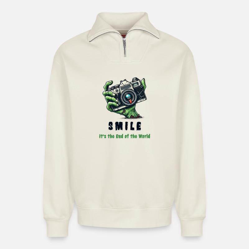 Zombie Camera - Relaxed Unisex Organic Half Zip Sweatshirt – by SPREAD - off white