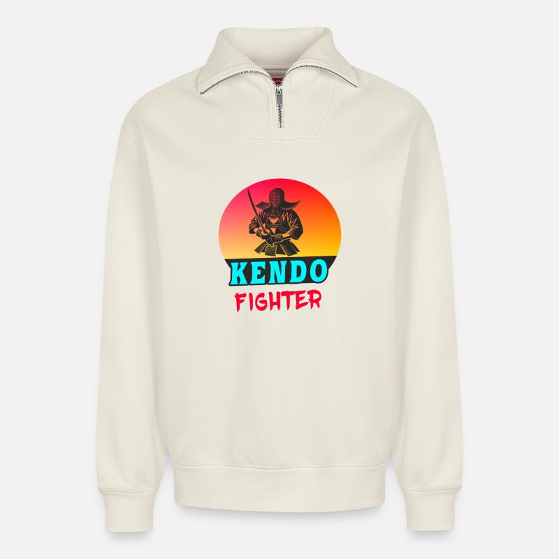 Kendo Fighter – Samurai Style - Relaxed Unisex Organic Half Zip Sweatshirt – by SPREAD - off white