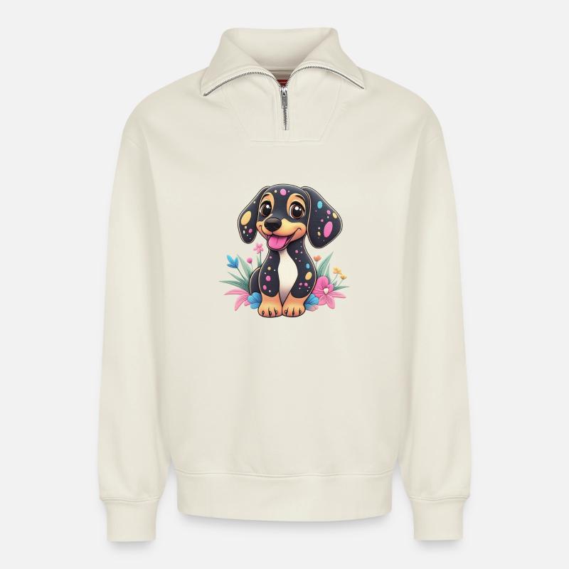 Entzückender Dackel Stickstil - Relaxed Unisex Organic Half Zip Sweatshirt – von SPREAD - Naturweiß