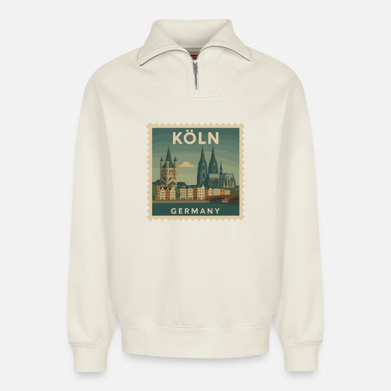 Timbre souvenir de Cologne - Sweat unisexe décontracté en coton biologique à demi-zip – de SPREAD - blanc cassé