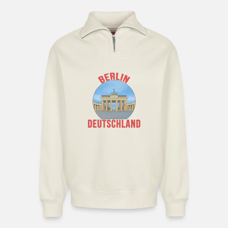 Deutsche Stadt Berlin - Relaxed Unisex Organic Half Zip Sweatshirt – von SPREAD - Naturweiß
