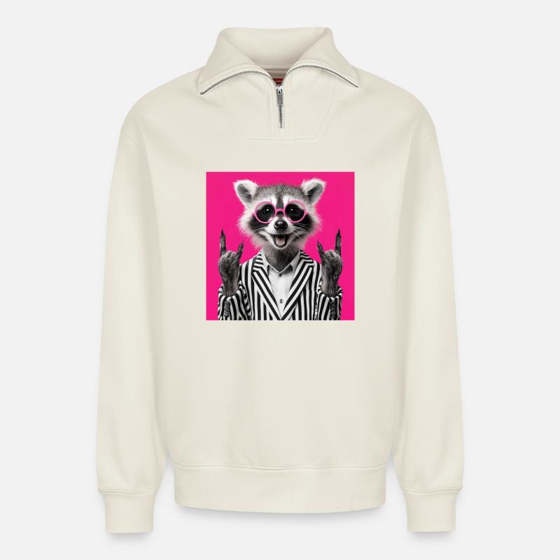 Waschbär mit Doppel Rock Handgeste - Relaxed Unisex Organic Half Zip Sweatshirt – von SPREAD - Naturweiß