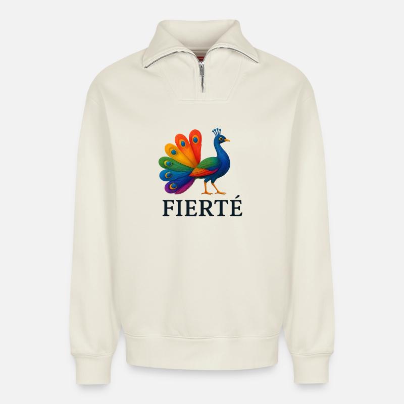 Fierté – Paon Arc-en-Ciel - Relaxed Unisex Organic Half Zip Sweatshirt – von SPREAD - Naturweiß