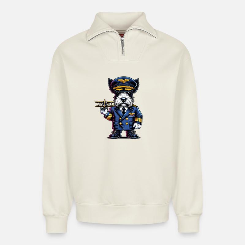 Scottish Terrier Pilot - Relaxed Unisex Organic Half Zip Sweatshirt – by SPREAD - off white