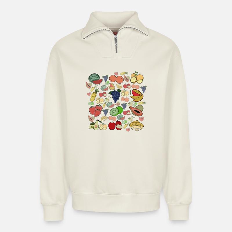 Fruits - Sweat unisexe décontracté en coton biologique à demi-zip – de SPREAD - blanc cassé