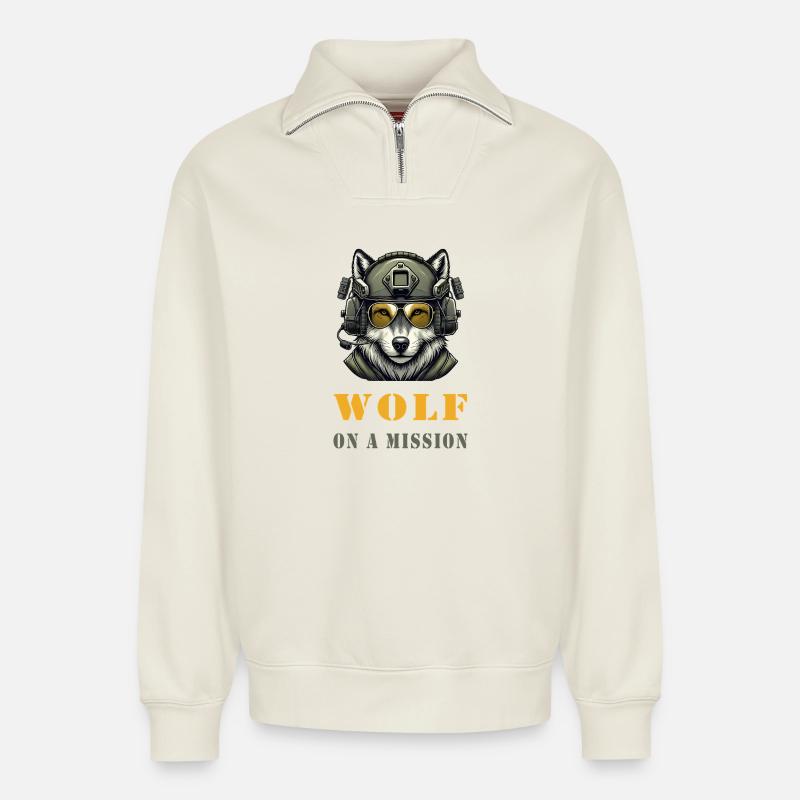Wolf on a mission - Relaxed Unisex Organic Half Zip Sweatshirt – by SPREAD - off white