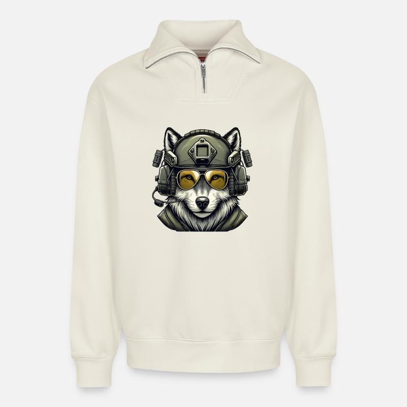 Militär Wolf - Relaxed Unisex Organic Half Zip Sweatshirt – von SPREAD - Naturweiß