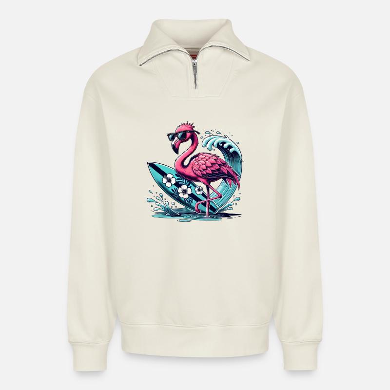 Surfender Flamingo mit Style - Relaxed Unisex Organic Half Zip Sweatshirt – von SPREAD - Naturweiß