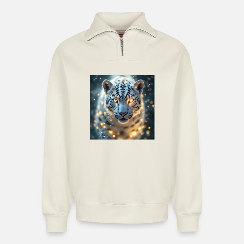 Animal Totem Léopard Blanc - Sweat unisexe décontracté en coton biologique à demi-zip – de SPREAD - blanc cassé