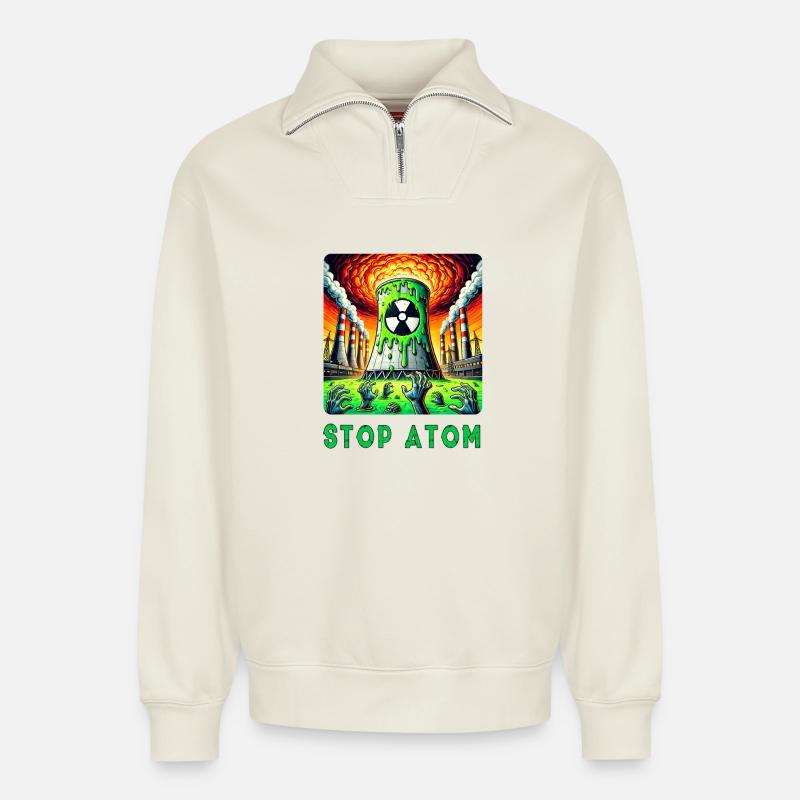 Stop Atom – Radioactive - Relaxed Unisex Organic Half Zip Sweatshirt – by SPREAD - off white