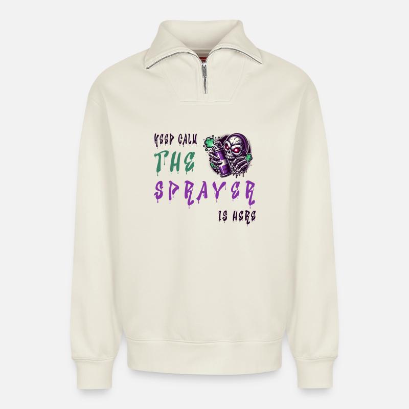 Keep Calm – The Sprayer - Relaxed Unisex Organic Half Zip Sweatshirt – by SPREAD - off white
