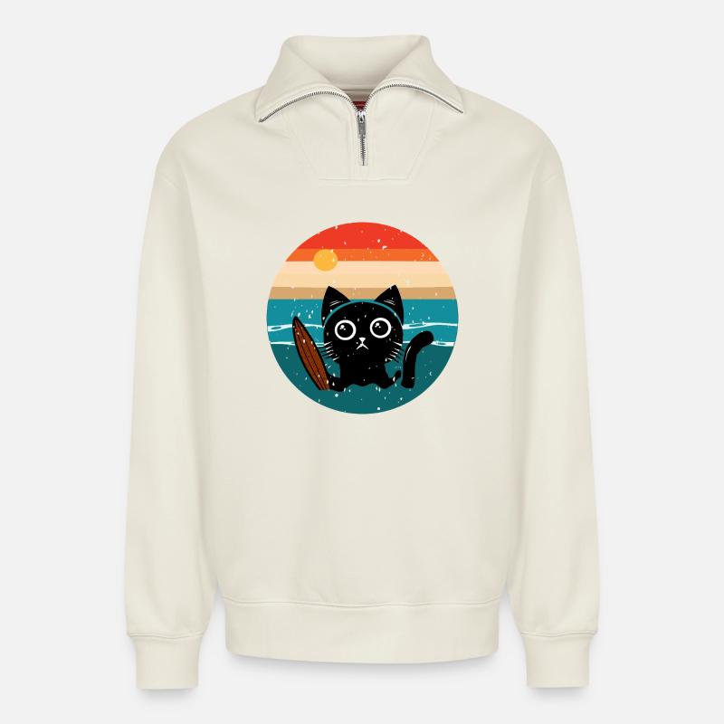 Surfende Katze - Relaxed Unisex Organic Half Zip Sweatshirt – von SPREAD - Naturweiß