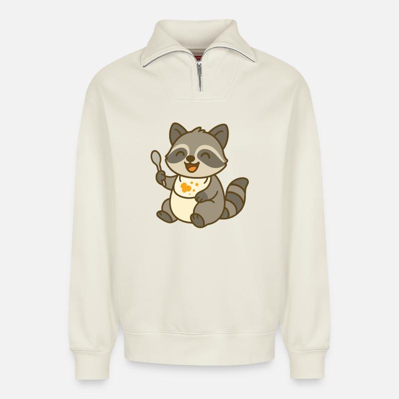 Futtern mit Waschbärbaby - Relaxed Unisex Organic Half Zip Sweatshirt – von SPREAD - Naturweiß