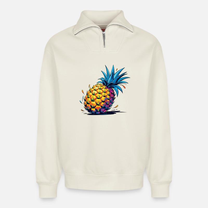 Ananas - Sweat unisexe décontracté en coton biologique à demi-zip – de SPREAD - blanc cassé