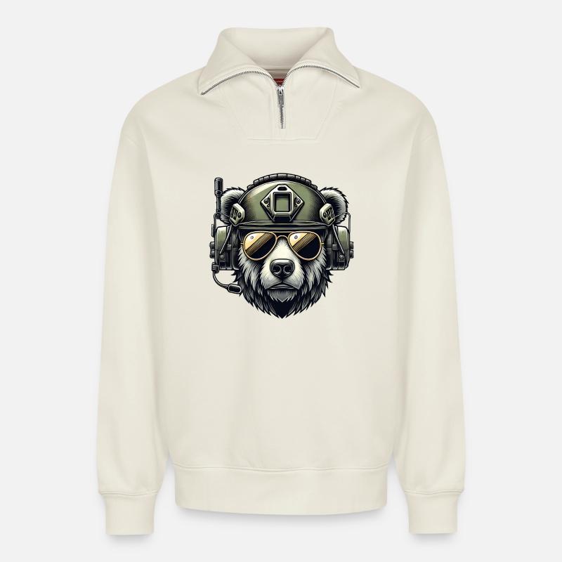 Bear Military Design - Relaxed Unisex Organic Half Zip Sweatshirt – by SPREAD - off white