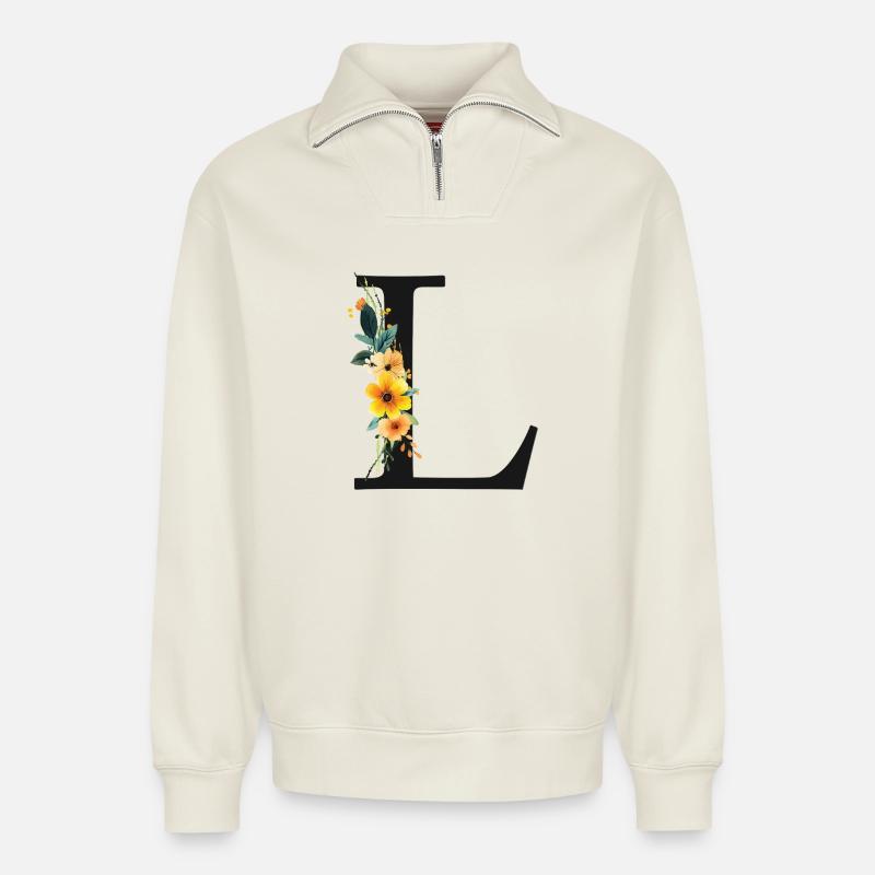 L Monogramm, Floral, personalisierbar - Relaxed Unisex Organic Half Zip Sweatshirt – von SPREAD - Naturweiß
