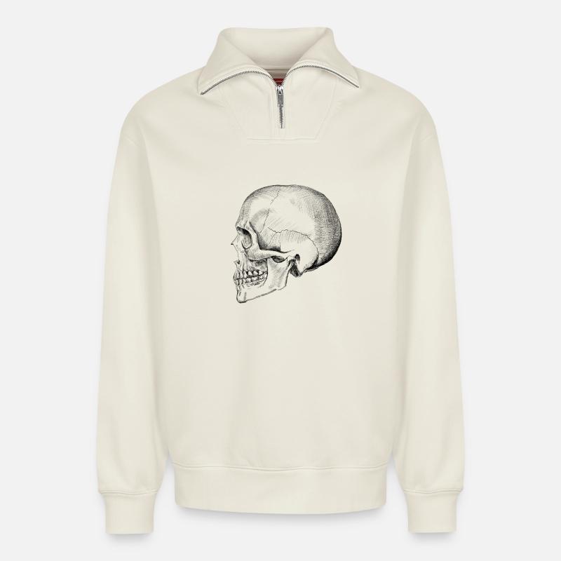 Crâne - Sweat unisexe décontracté en coton biologique à demi-zip – de SPREAD - blanc cassé