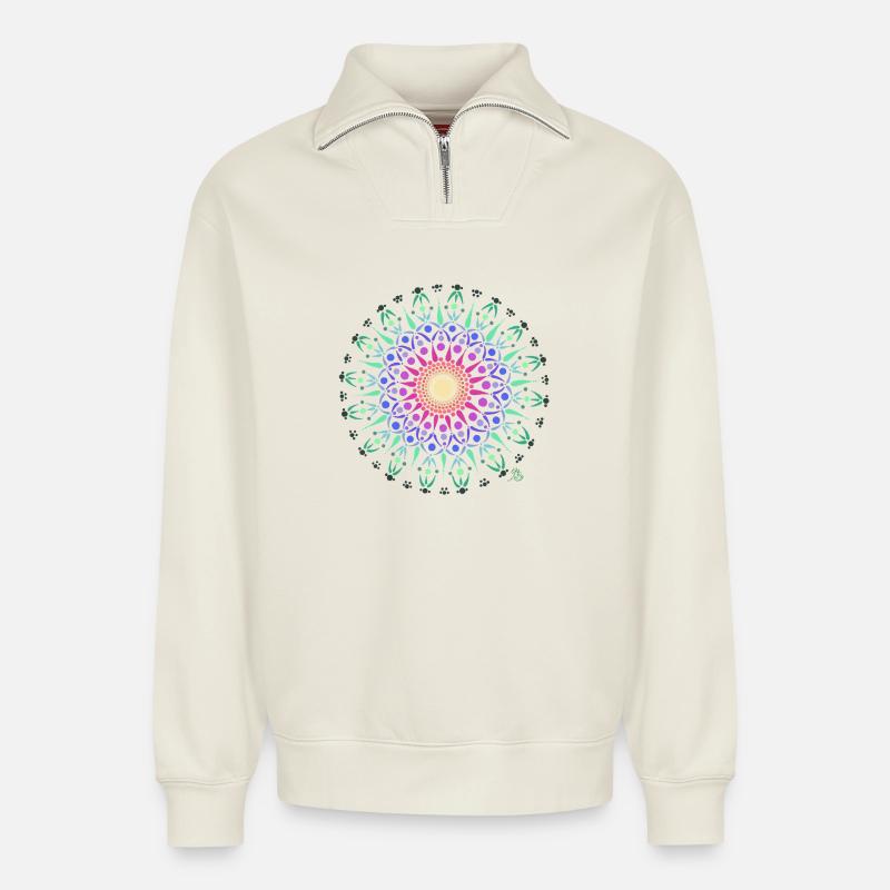 Mandala Lebensfreude - Relaxed Unisex Organic Half Zip Sweatshirt – von SPREAD - Naturweiß