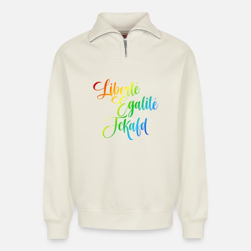 Rainbow Liberté Égalité Fraternité - Sweat unisexe décontracté en coton biologique à demi-zip – de SPREAD - blanc cassé