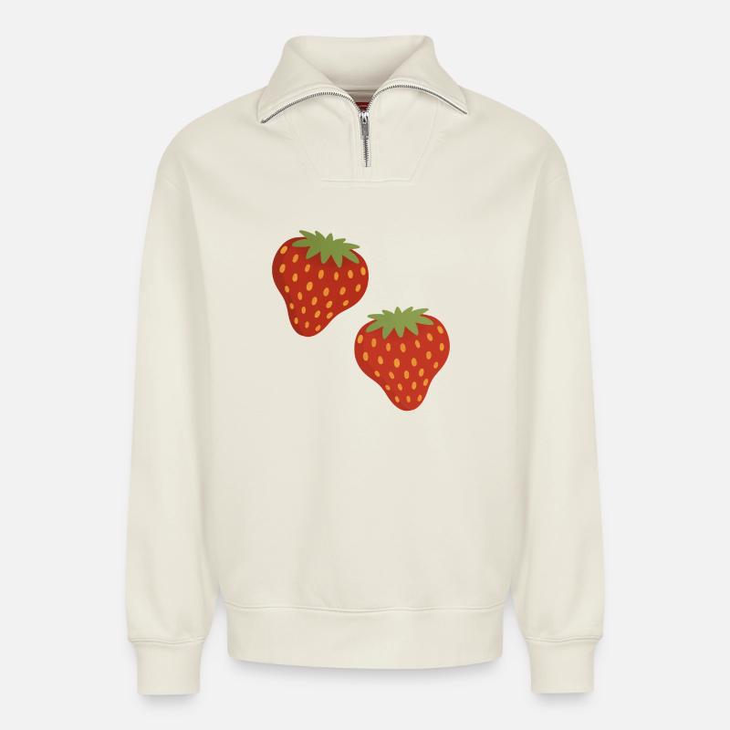 Lebendiges Erdbeermuster für Freizeitkleidung - Relaxed Unisex Organic Half Zip Sweatshirt – von SPREAD - Naturweiß