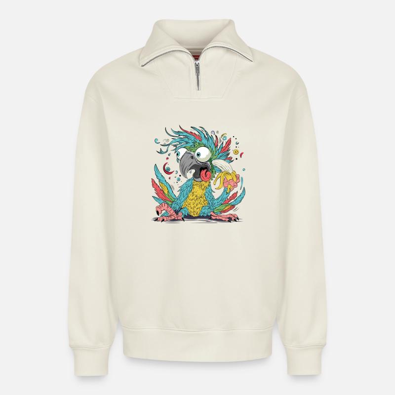 Cuclillo Papagei Verspielte Zeichnung Design | Bunt - Relaxed Unisex Organic Half Zip Sweatshirt – von SPREAD - Naturweiß
